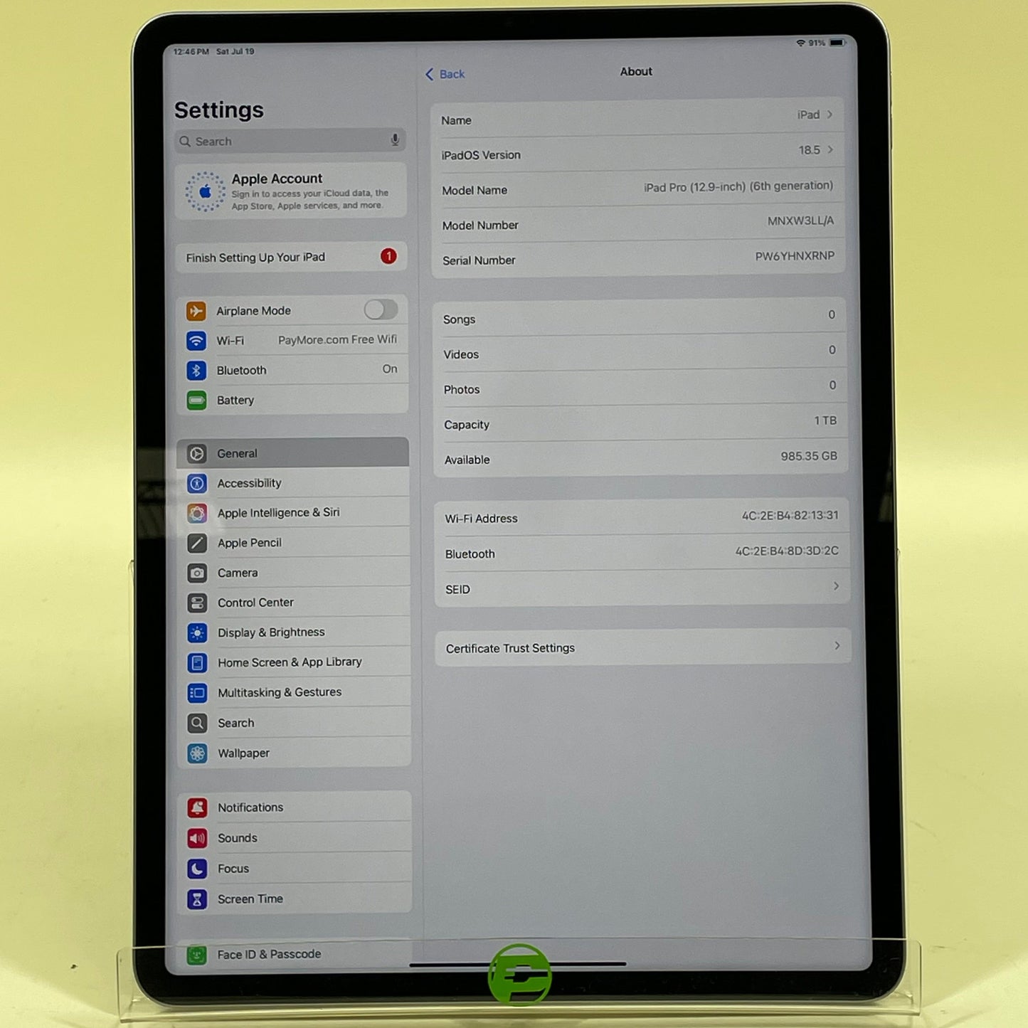 WiFi Only Apple iPad Pro 12.9" 6th Gen 1TB SPACE GRAY MNXW3LL/A