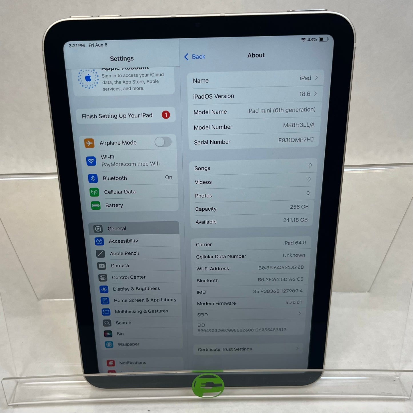 WiFi Only Apple iPad Mini 6th Gen 256GB Space Gray MK8H3LL/A