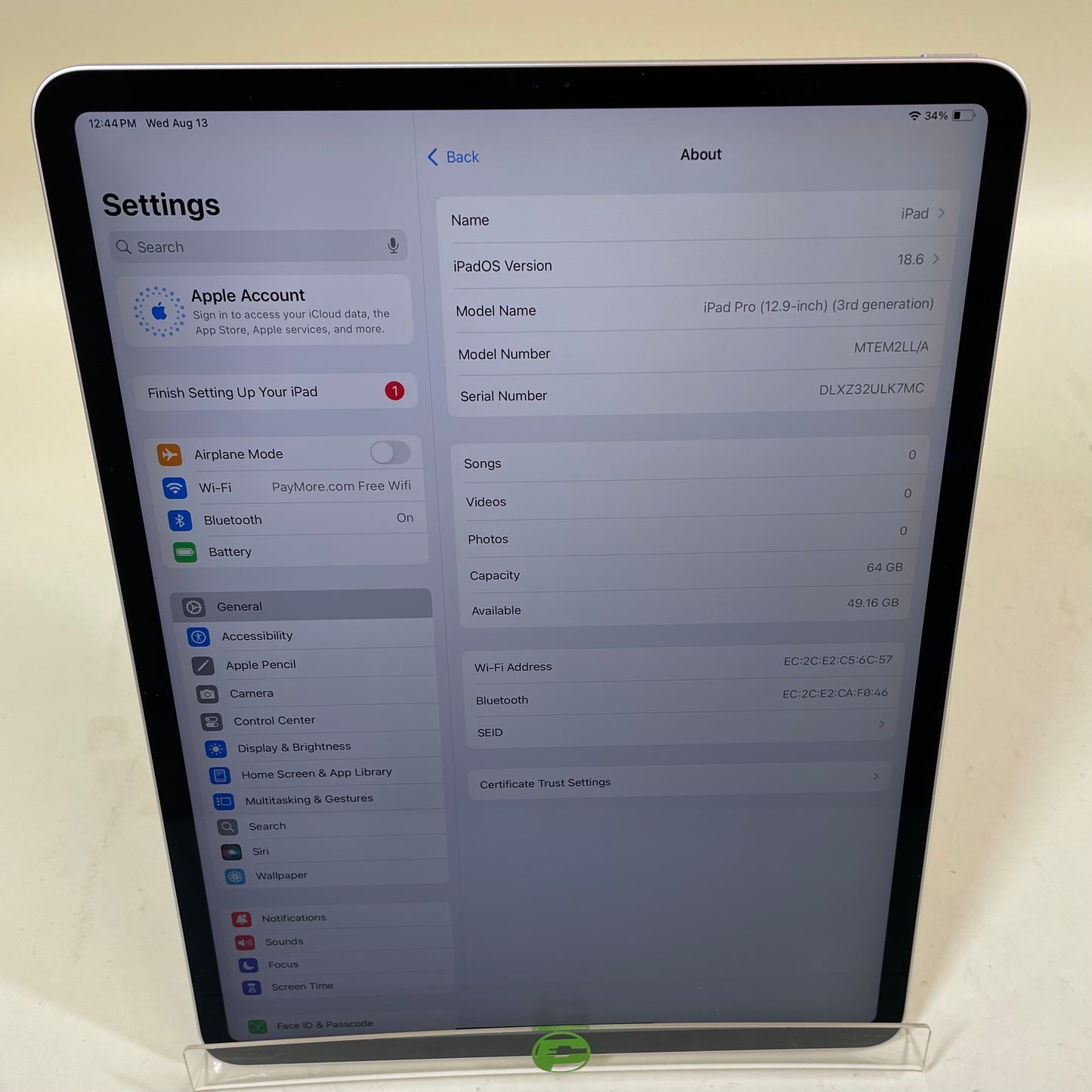 WiFi Only Apple iPad Pro 12.9" 3rd Gen 64GB Silver MTEM2LL/A