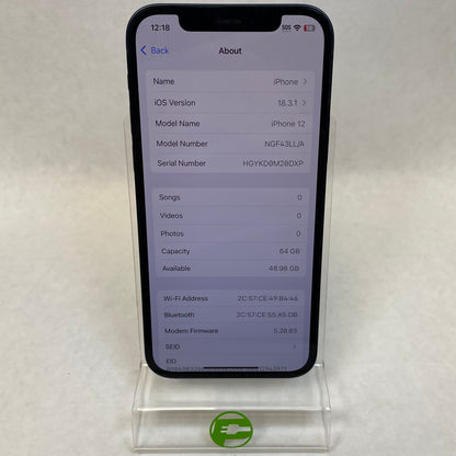 Unlocked Apple iPhone 12 64GB 18.3.1 Black NGF43LL/A