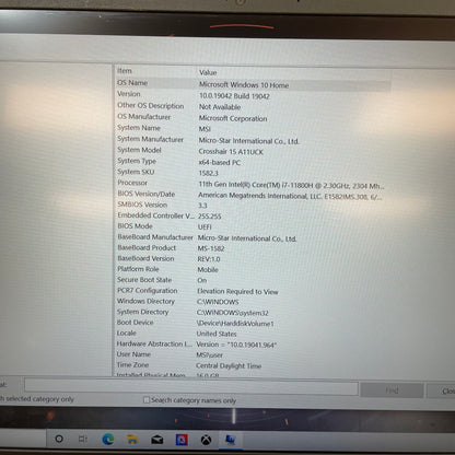 MSI Crosshair 15 A11UCK 15.6" i7-11800H 2.3GHz 16GB RAM 512GB GeForce RTX 3050