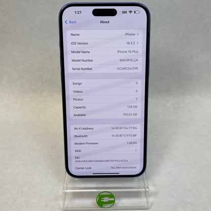 Unlocked Apple iPhone 16 Plus 128GB Ultramarine MXUW3LL/A
