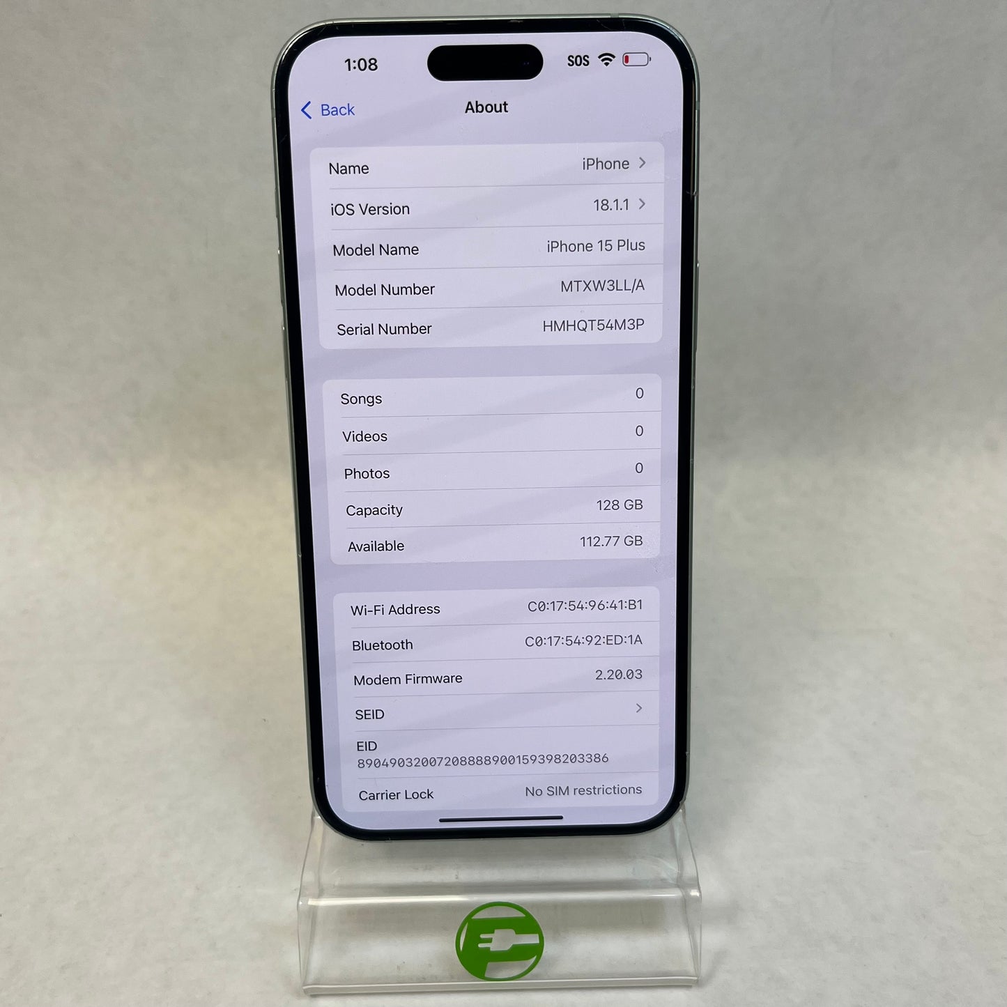 Unlocked Apple iPhone 15 Plus 128GB 18.1.1 Green MTXW3LL/A