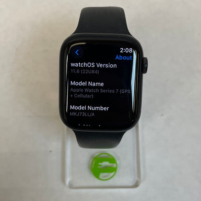 Unlocked Apple Watch Series 7 45MM Black Aluminum Black Sport Band MKJ73LL/A