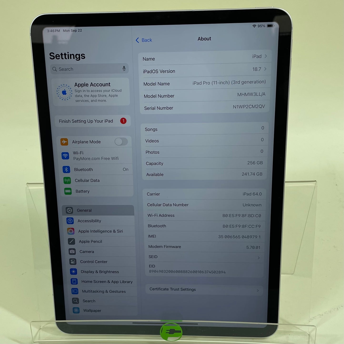 Unlocked Apple iPad Pro 11" 3rd Gen 256GB Silver MHMW3LL/A
