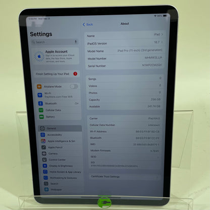 Unlocked Apple iPad Pro 11" 3rd Gen 256GB Silver MHMW3LL/A