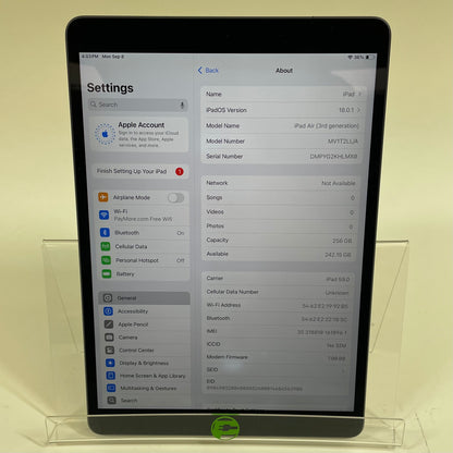 Unlocked Apple iPad Air 3rd Gen 256GB 18.0.1 Space gray MV1T2LL/A