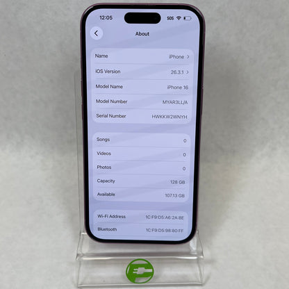 Factory Unlocked Apple iPhone 16 128GB Pink MYAR3LL/A