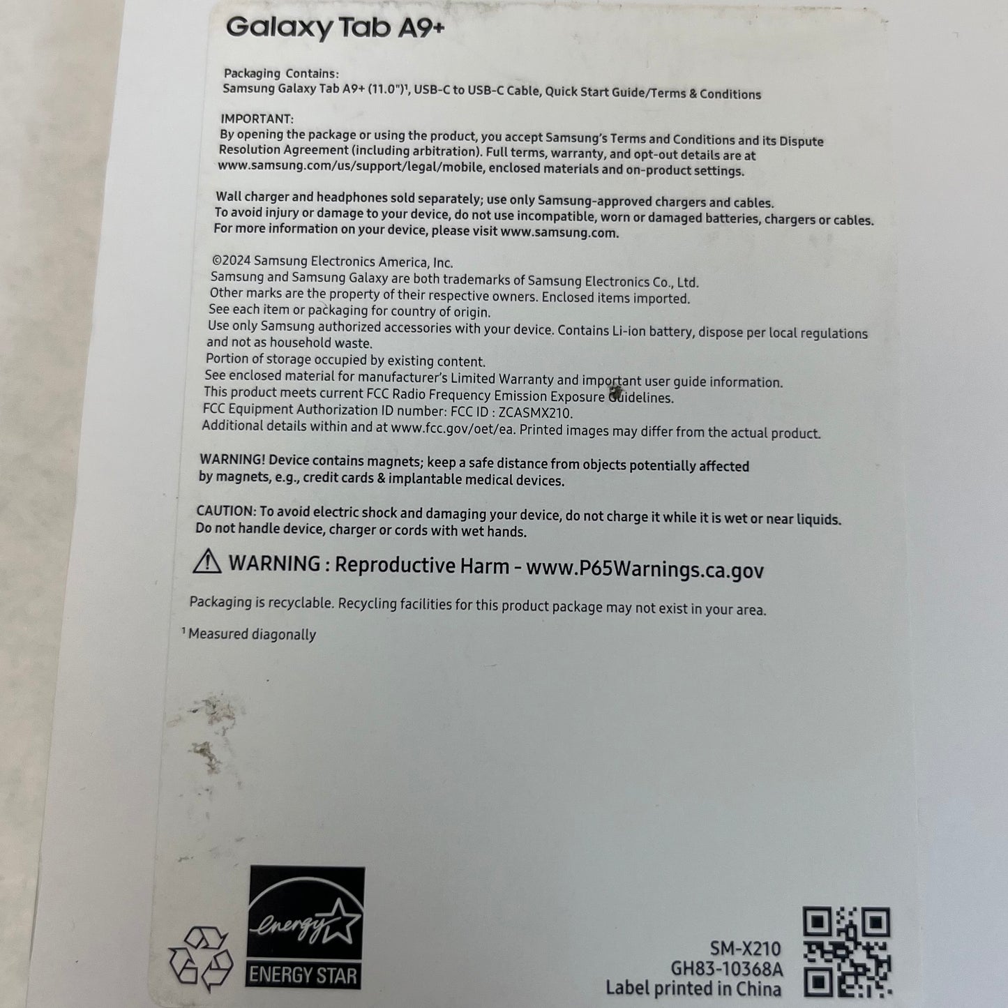 New WiFi Only Samsung Galaxy Tab A9+ 11.0" 128GB Gray SM-X210
