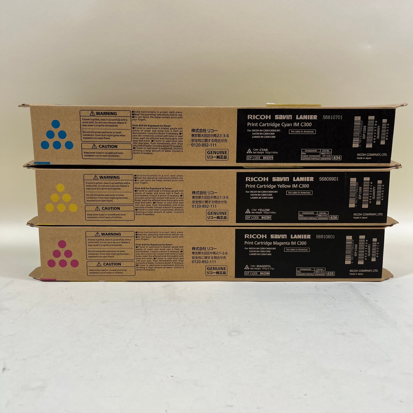 New Set of Ricoh Savin Lanier IM C300 CMY Print Cartridges 842379 842380 842381