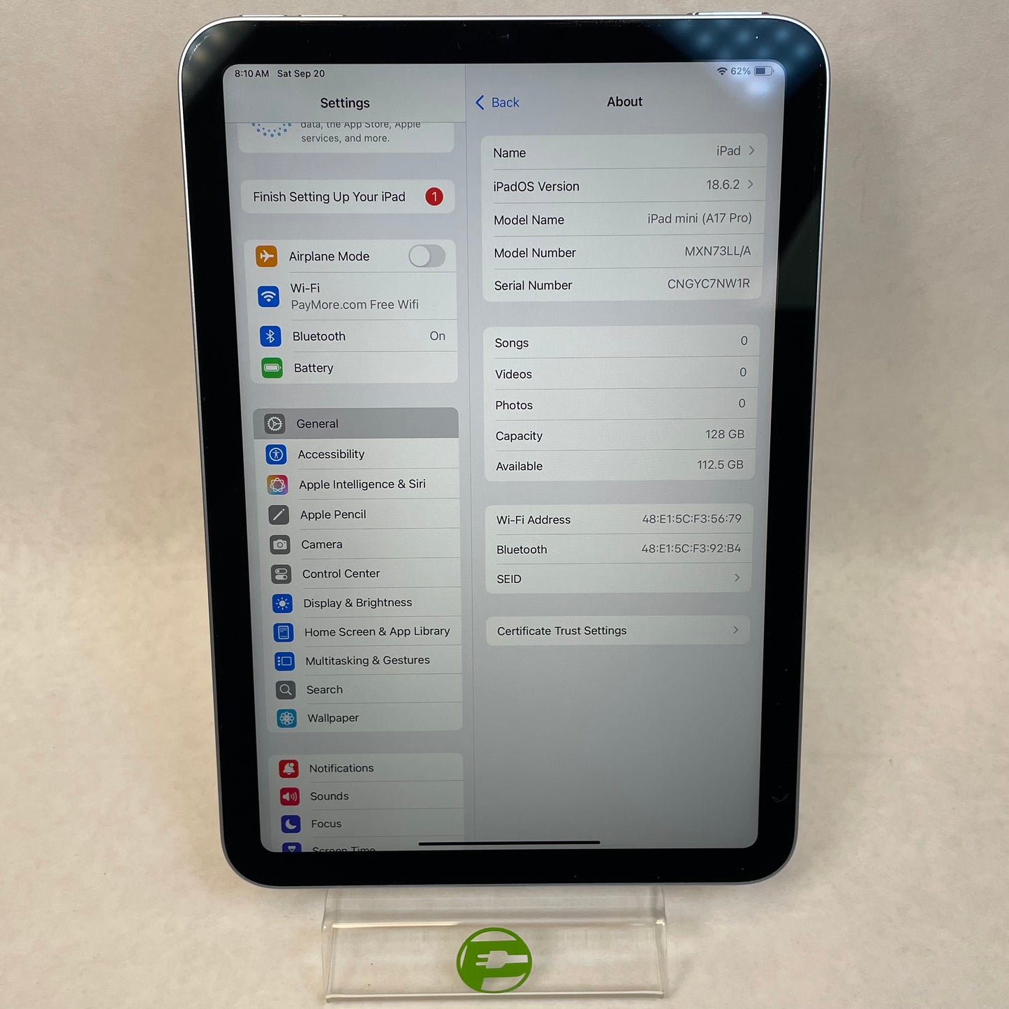 WiFi Only Apple iPad mini (A17 Pro) 128GB Blue MXN73LL/A