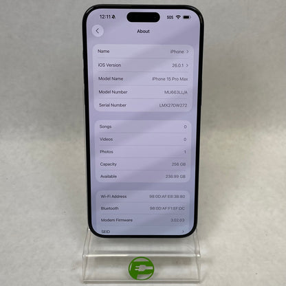 Unlocked Apple iPhone 15 Pro Max 256GB 26.0.1 Black MU663LL/A