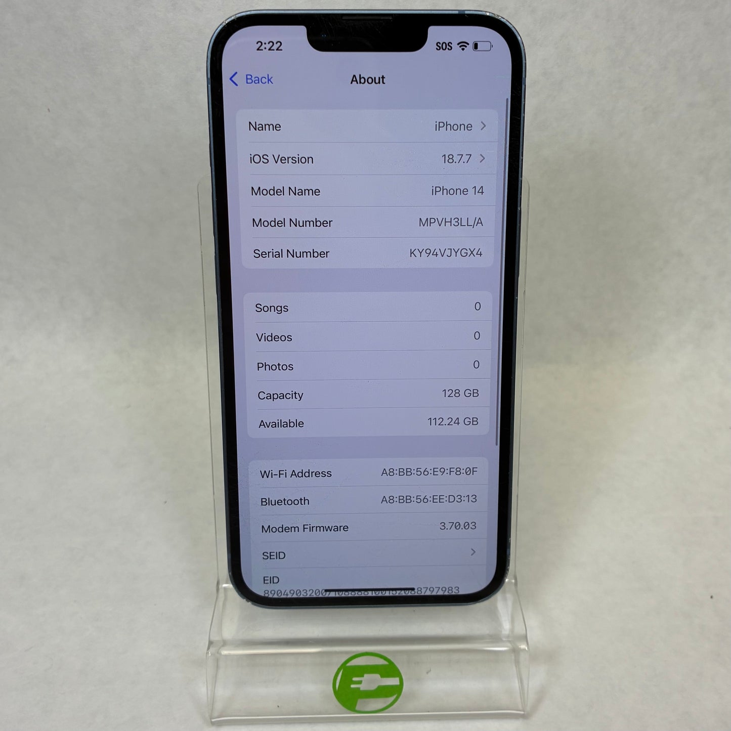 Unlocked Apple iPhone 14 128GB 18.7.7 Blue MPVH3LL/A