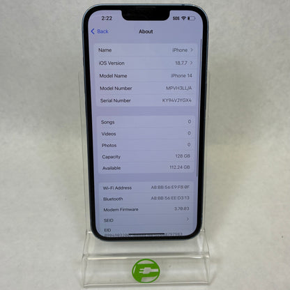 Unlocked Apple iPhone 14 128GB 18.7.7 Blue MPVH3LL/A